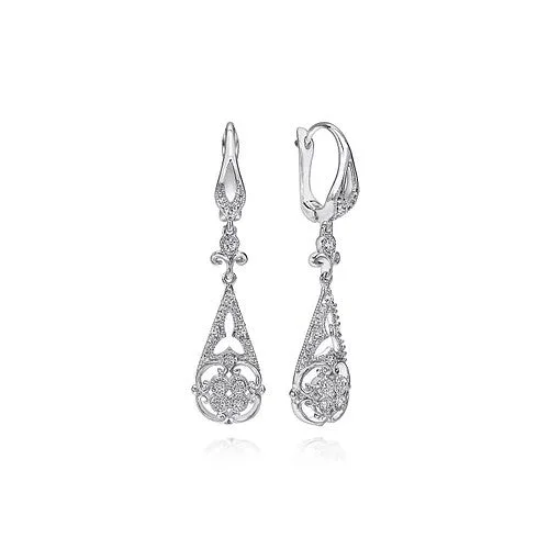 Personalized women's earrings -Vintage Inspired 14K White Gold Teardrop Cutout Diamond Drop Earrings