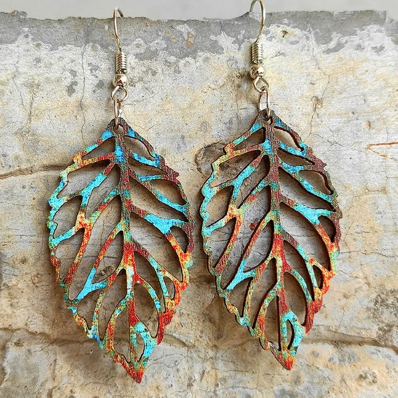 Women's cartoon earrings -Beautiful Wood Leaf Drop Earrings