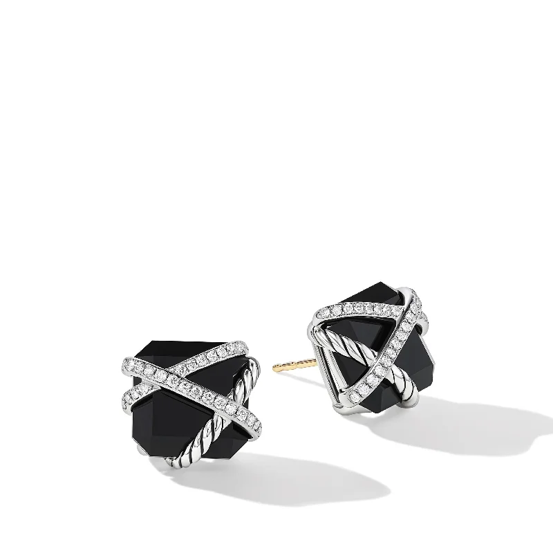 Cute small earrings for women -Cable Wrap Stud Earrings in Sterling Silver with Black Onyx and Diamonds\, 12mm