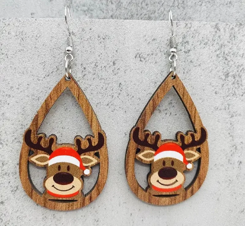 Crystal earrings for women -Adorable Wooden Reindeer Earrings