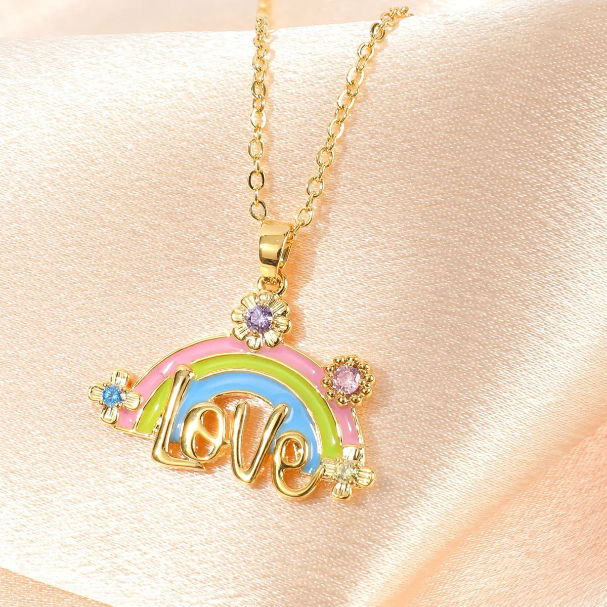 Women’s crystal necklaces-Copper Inlay Letter Rainbow Rhinestones Pendant Necklace