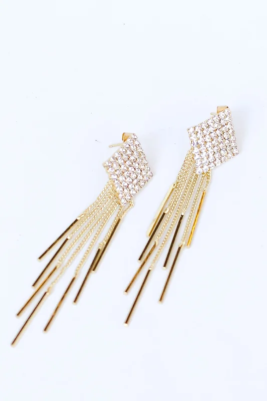 Vintage style earrings for women -FINAL SALE - Gabi Gold Rhinestone Fringe Statement Earrings