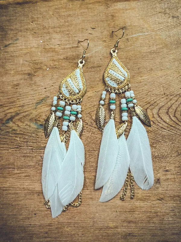 Exquisite crystal women's earrings -Beautiful White Boho Feather Earrings