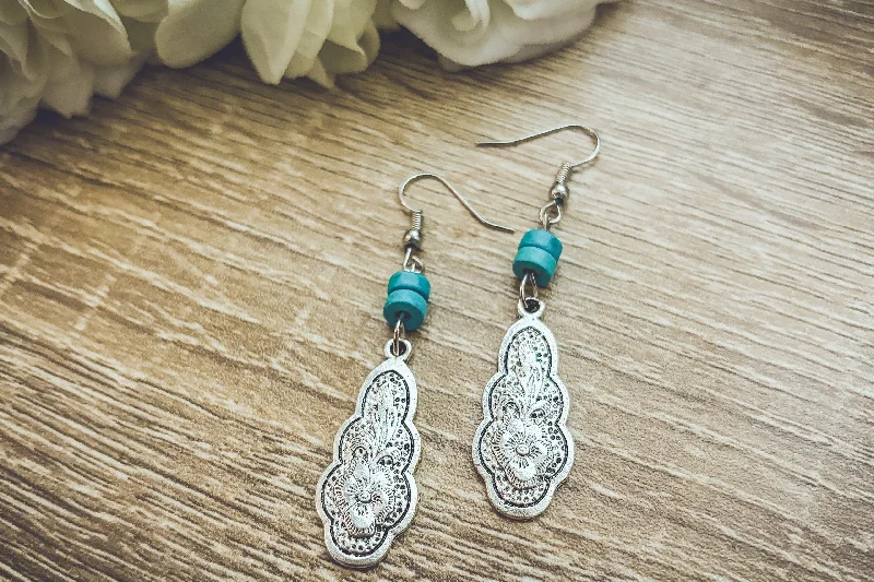 Long drop earrings for women -Bohemian Carved Silver and Turquoise Flower Earrings