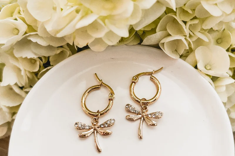 Diamond-studded women's earrings -Gold Dragonfly Hug Earrings