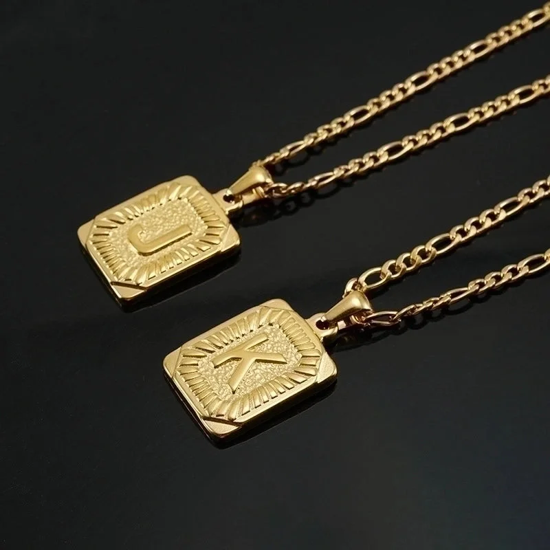 Women’s heart necklaces-Fashion Letter Rectangle Titanium Steel Gold Plated Pendant Necklace