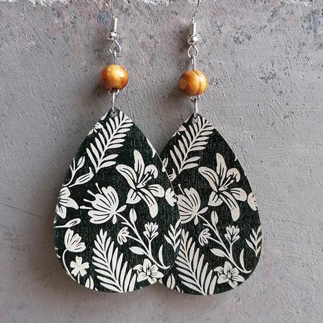 Accessory earrings for women -Beautiful Black and White Wood Floral Drop Earrings