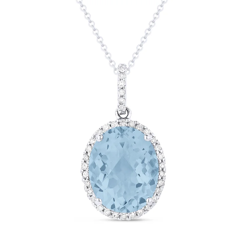 Women’s layered necklaces-14K White Gold Oval Gemstone and Diamond Halo Pendant