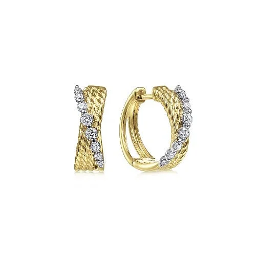 Bell earrings for women -14K Yellow-White Gold Twisted 15mm Diamond Huggie Earrings