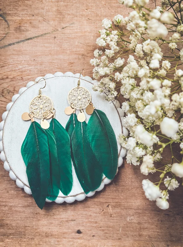 Simple women's earrings -Beautiful Gold and Green Feather Earrings