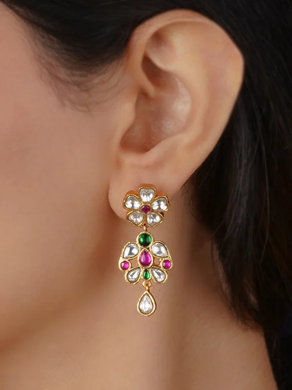 Women's earrings with pearl inlays -Multicolor Gold Plated Jadau Kundan Earrings - ME1281M