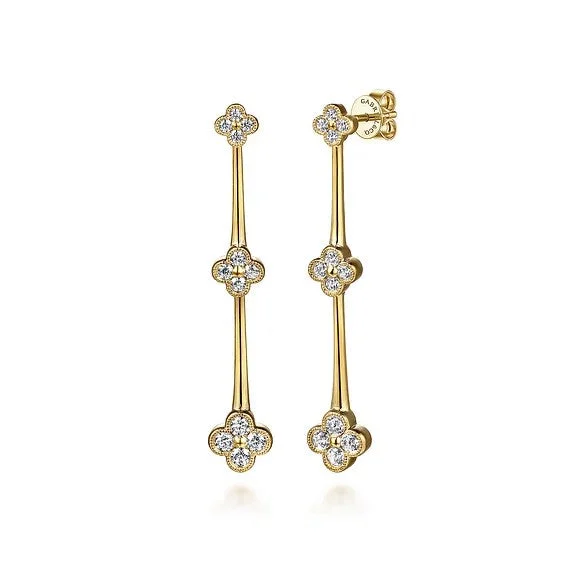 High-end custom women's earrings -14K Yellow Gold Graduating Diamond Cluster Stud Drop Earrings