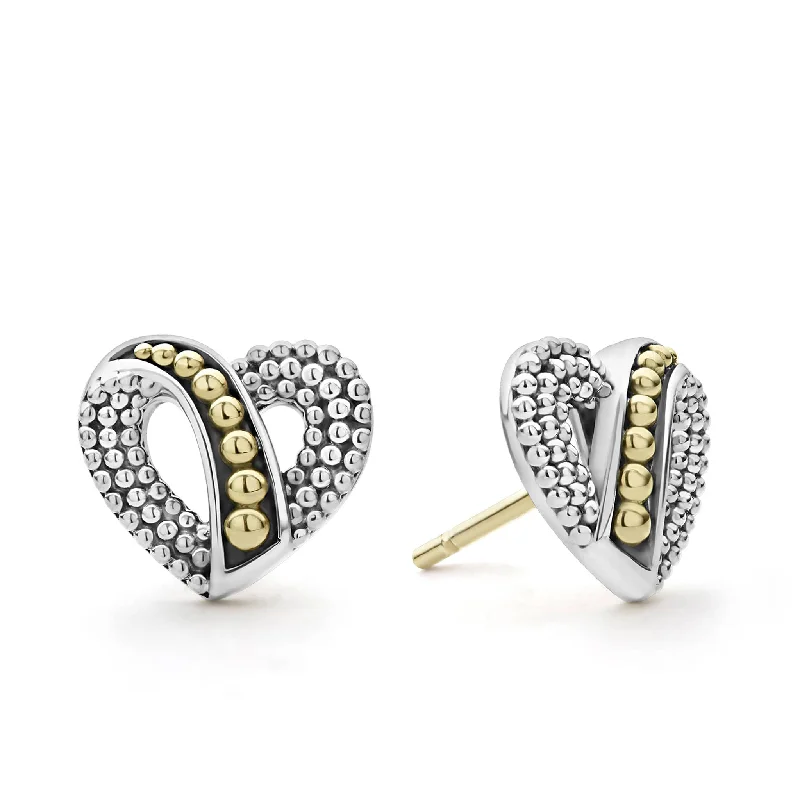 Vintage style earrings for women -Signature Caviar Two-Tone Beaded Heart Stud Earrings