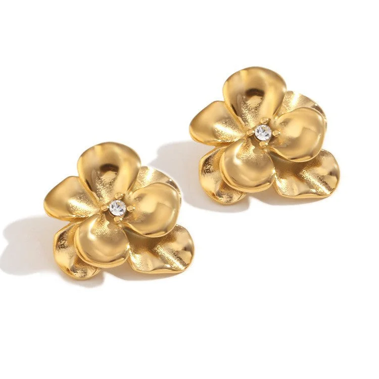 Retro flower double-layer dot diamond earrings - gold white diamond