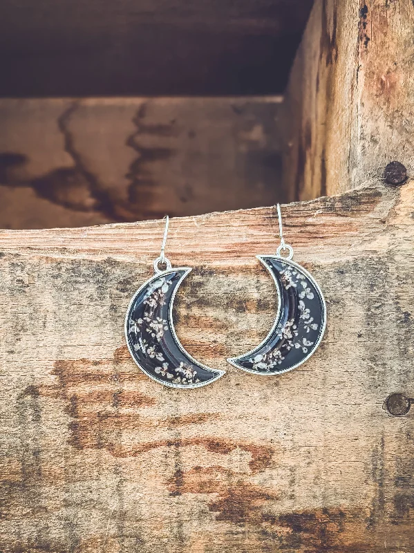 White gold women's earrings -Midnight Moon Crescent Earrings with Pressed Flowers