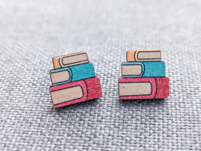 Simple women's earrings -Adorable Book Wood Stud Earrings