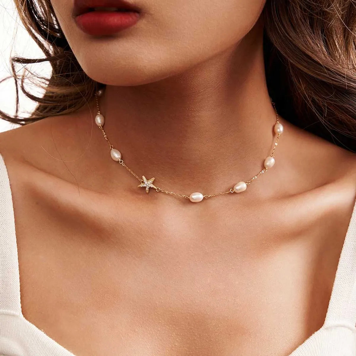 Women’s silver necklaces-Sterling Silver 14K Gold Plated White Gold Plated Beach Sweet Simple Style Plating Inlay Starfish Freshwater Pearl Necklace