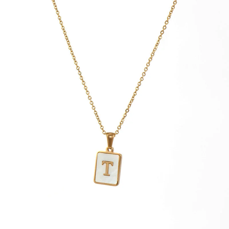 Fritillary Letter Square Pendant Necklace-Gold-Letter T