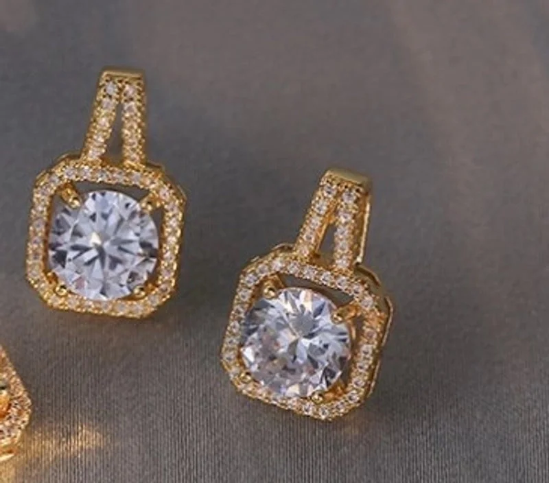 Square Diamond Zircon Same Style Ear Studs Gold