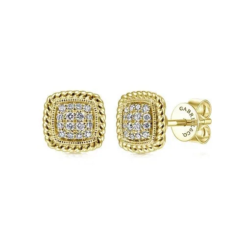 Geometric earrings for women -14K Yellow Gold Cushion Shape Pave Diamond Stud Earrings