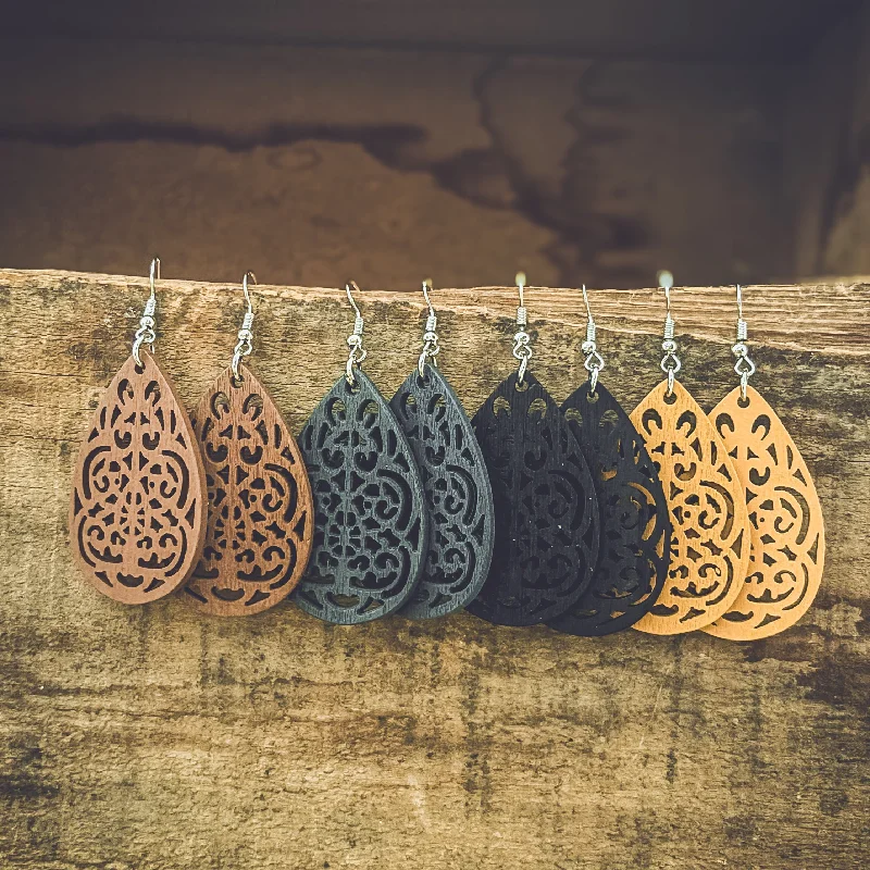 Handmade women's earrings -Set of Four Beautiful Carved Wood Earrings