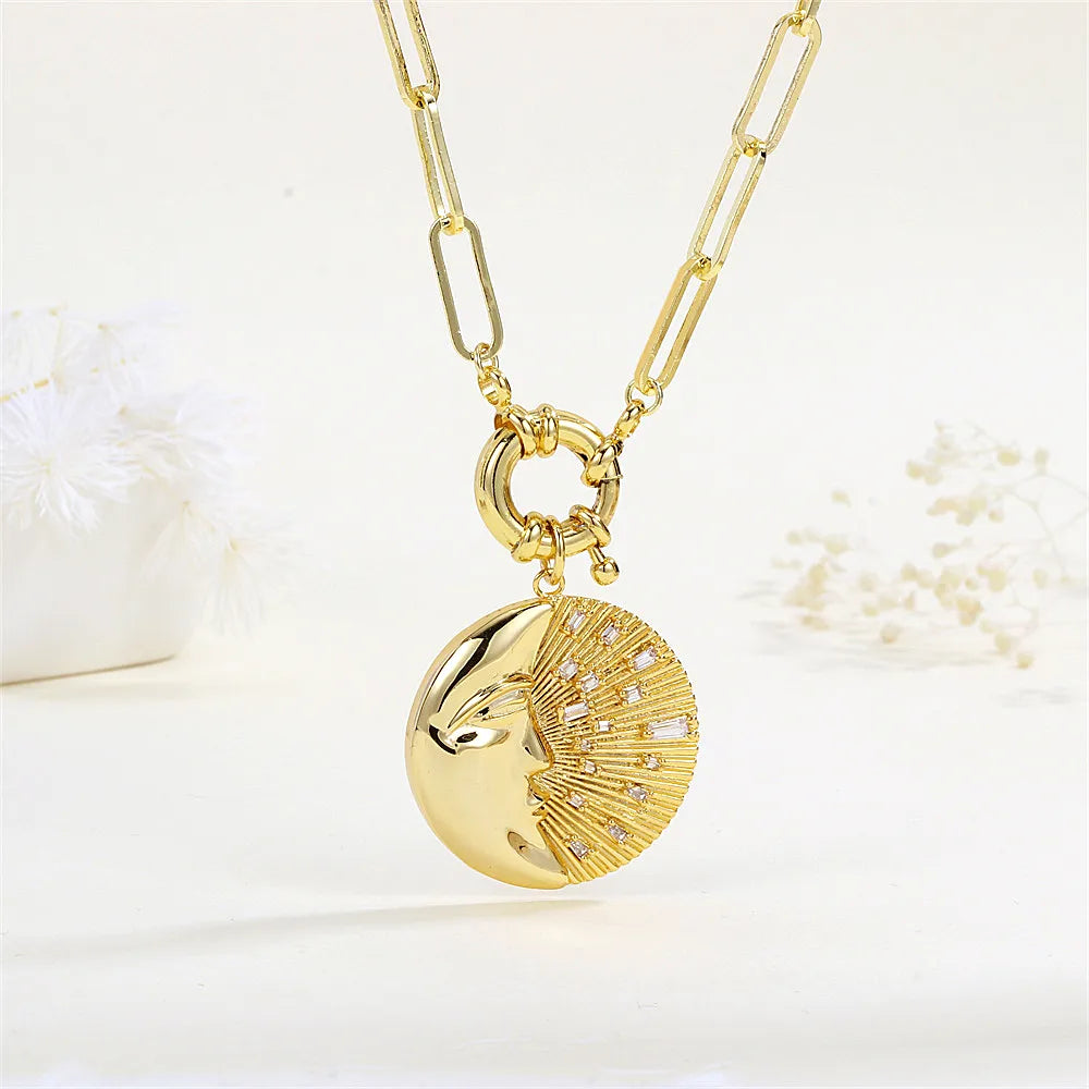 Women’s infinity necklaces-Copper 18K Gold Plated Inlay Moon Oval Zircon Pendant Necklace