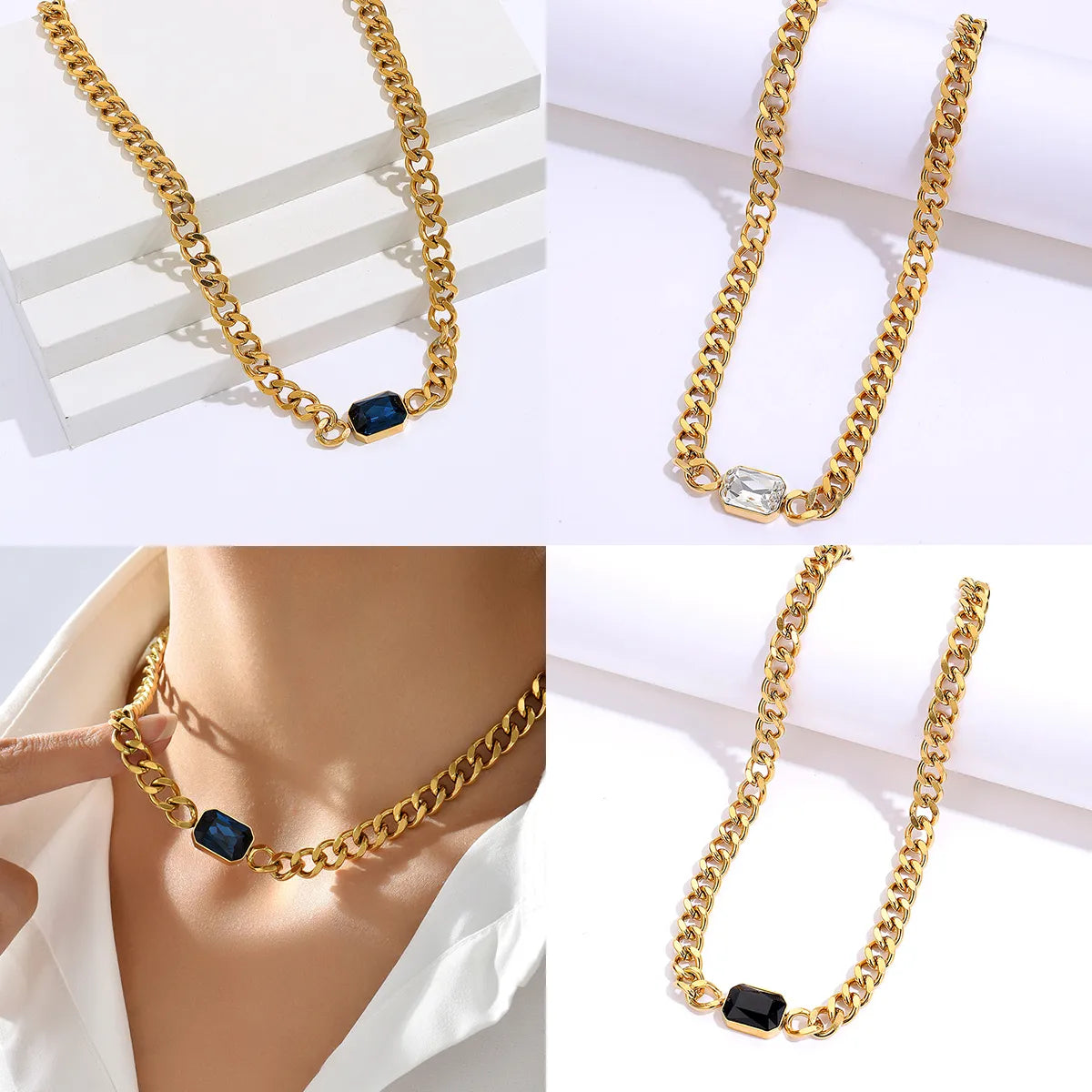 Women’s gemstone cluster necklaces-Fashion Rectangle Stainless Steel Plating Zircon 18k Gold Plated Necklace