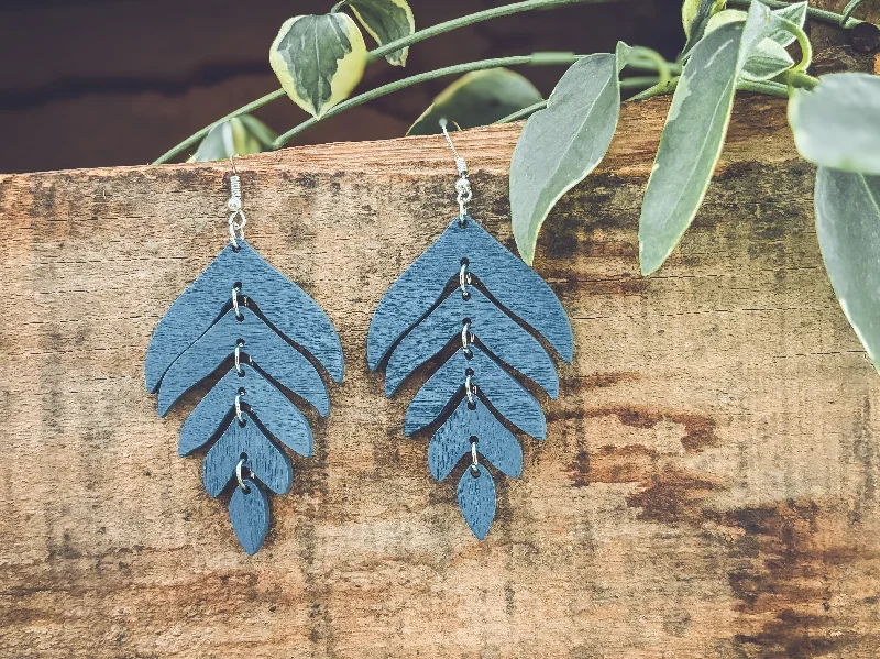 Sterling silver women's earrings -Beautiful Blue Wood Leaf Earrings