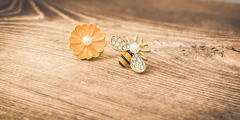 Gold women's earrings -Adorable Bumble Bee and Flower Earrings