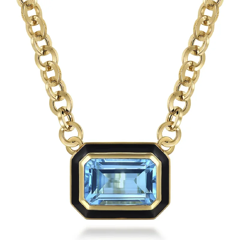 Women’s emerald necklaces-Gabriel 14K Yellow Gold Blue Topaz Emerald Cut Necklace with Black Enamel