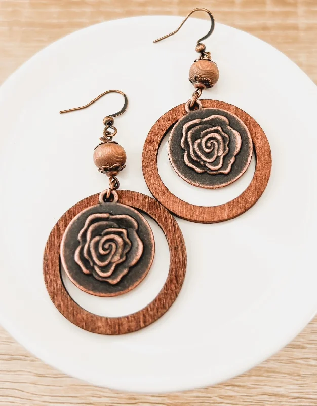 Layered women's earrings -Beautiful Rustic Wood Rose Earrings