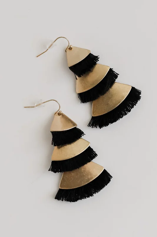 Trendy women's earrings -Aubrey Black Tiered Fringe Drop Earrings