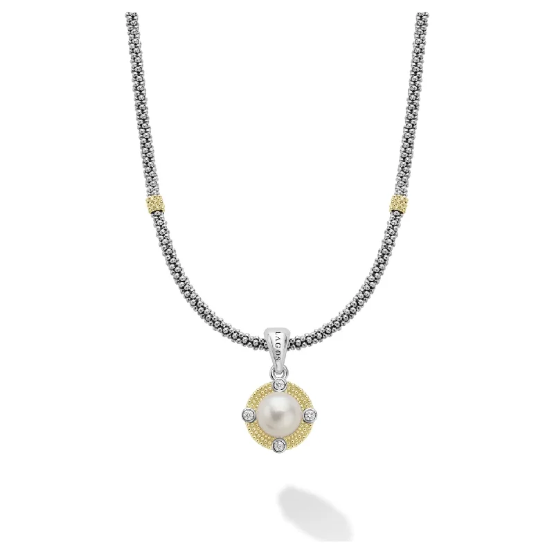 Women’s pearl drop necklaces-Lagos Sterling Silver and 18K Gold Luna Pearl & Diamond Lux Necklace