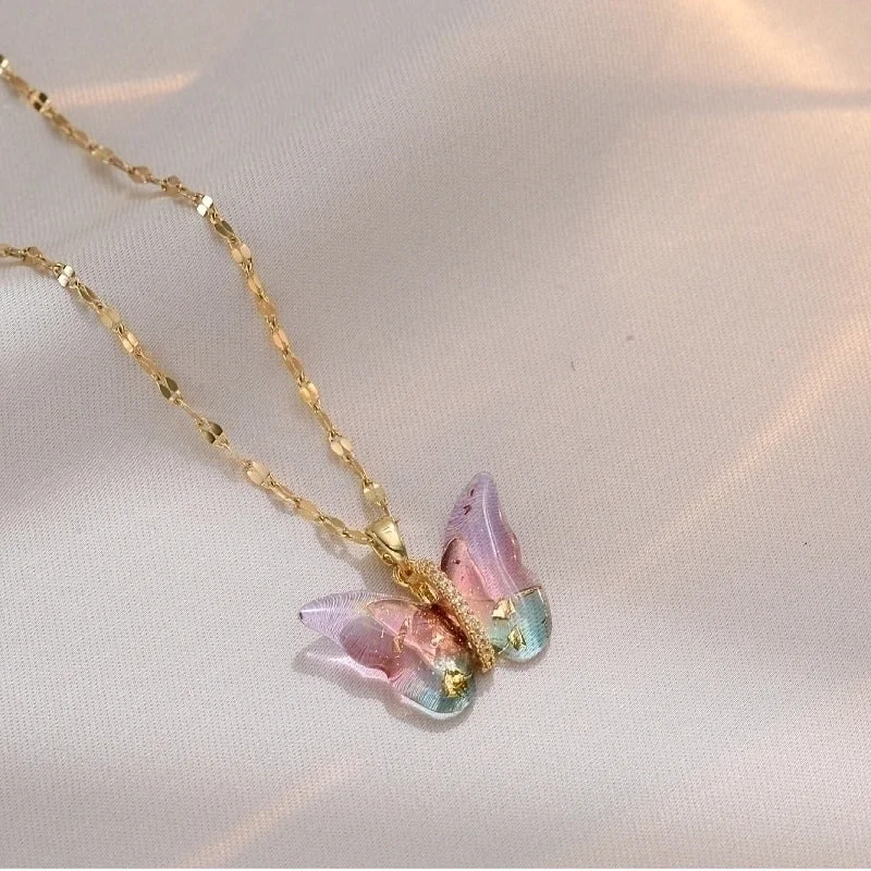 X1282 Gold Pink Colorful Butterfly Necklace {Pendant Together}