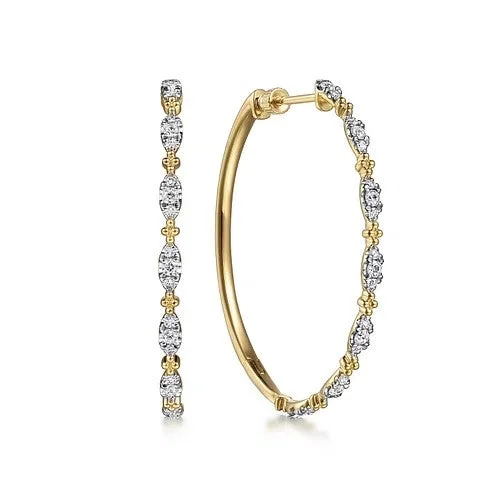 American style women's earrings -14K Yellow Gold 40mm Diamond Station Intricate Hoop Earrings