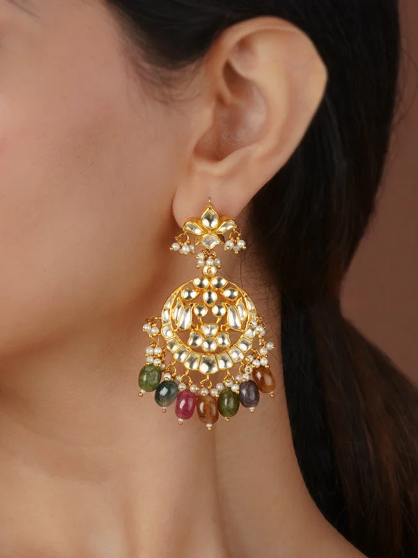 Wholesale women's earrings -Multicolor Gold Plated Jadau Kundan Earrings - ME1292Y