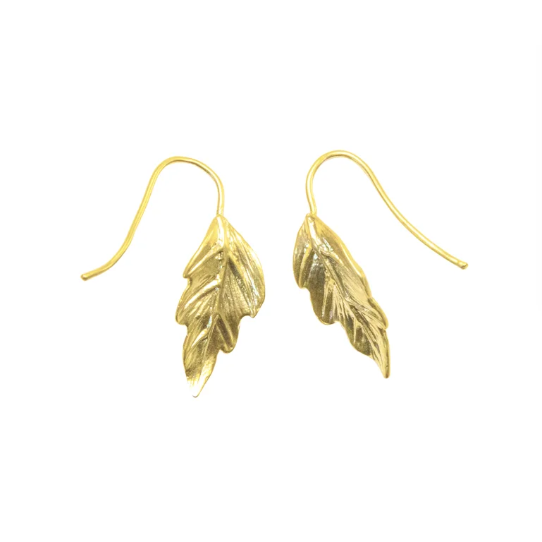 Diamond-studded women's earrings -Delicate Gold Leaf Dangle Fishhook Earrings