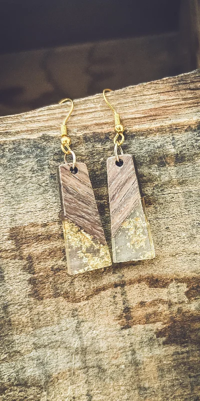 Long women's earrings -Beautiful Wood and Gold Fleck Resin Earrings