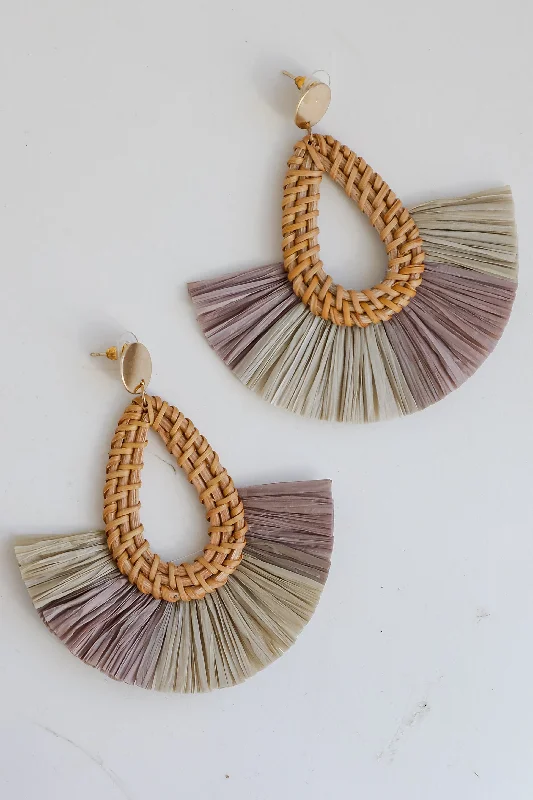 Rose gold women's earrings -FINAL SALE - Lennon Grey Straw Fringe Statement Earrings