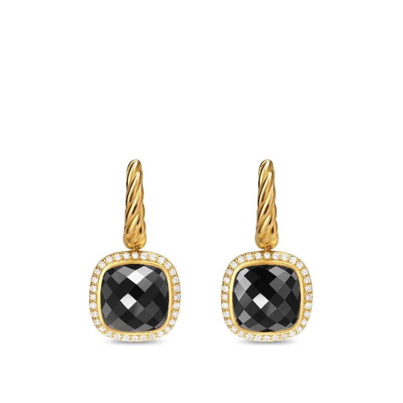 Dangle earrings for women -Albion® Drop Earrings in 18K Yellow Gold with Black Onyx and Diamonds\, 10mm