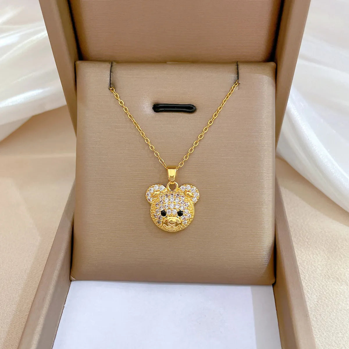 Women’s gold charm necklaces-Cute Animal Bear Stainless Steel Copper Inlay Zircon Pendant Necklace