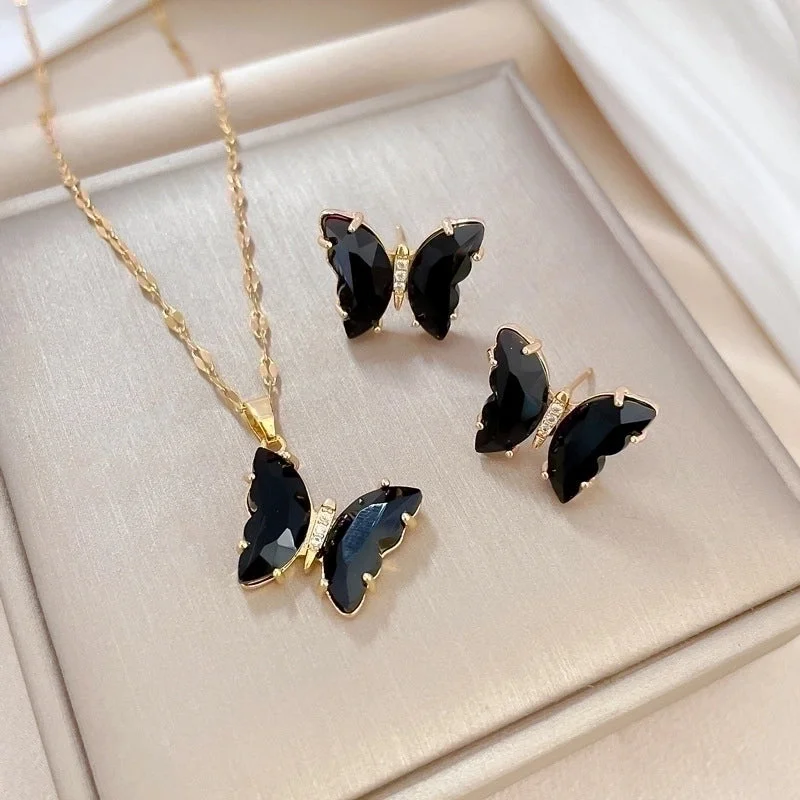 F406 Black Necklace-F407 Black Stud Earrings