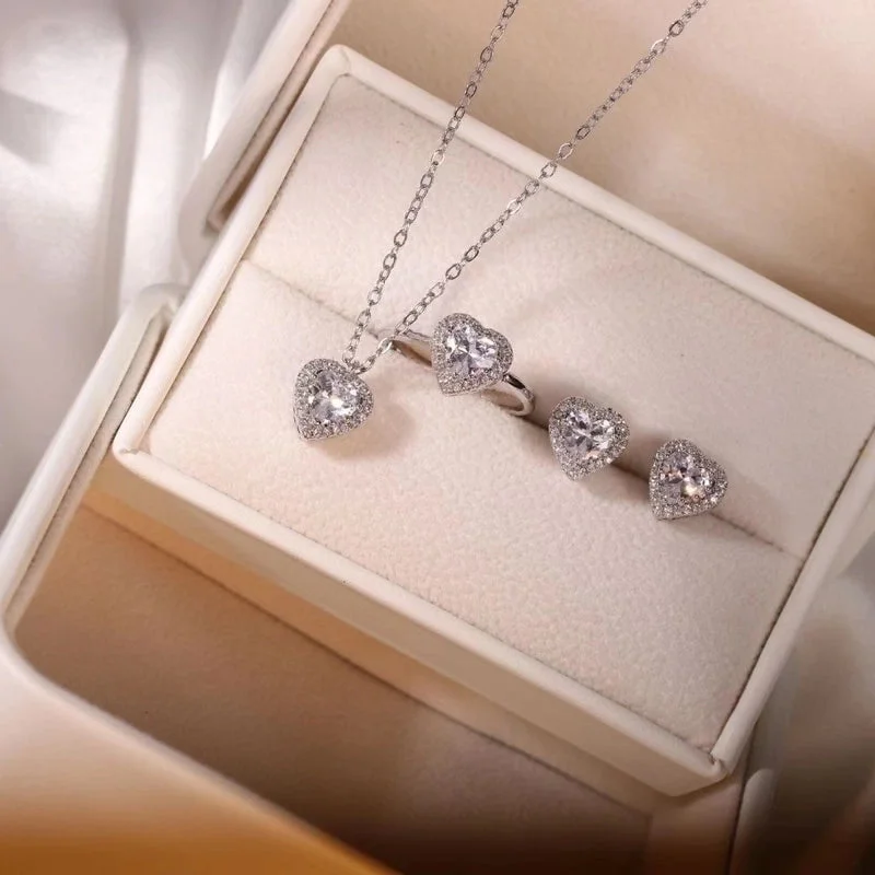 Loving Heart Zircon Necklace + Earrings + Ring