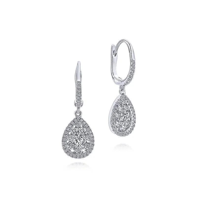 Diamond-studded women's earrings -14K White Gold Cluster Diamond Teardrop Earrings