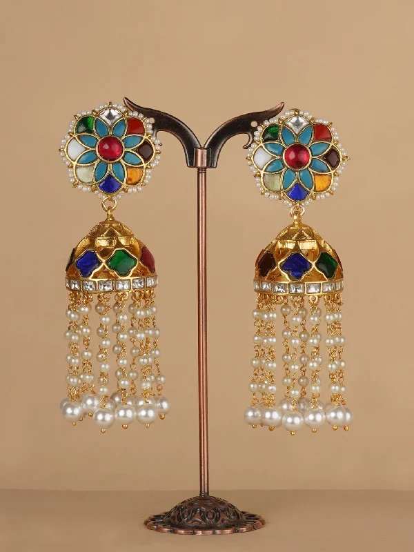 Natural style earrings for women -Navratna Color Gold Plated Jadau Kundan Earrings - ME1214N