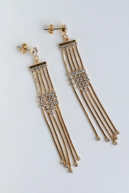 Small women's earrings -Sophie Gold Rhinestone Fringe Earrings