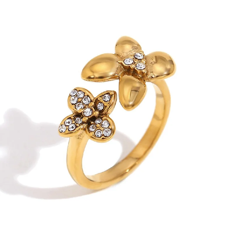 Asymmetric Size Flower Open Ring - Gold