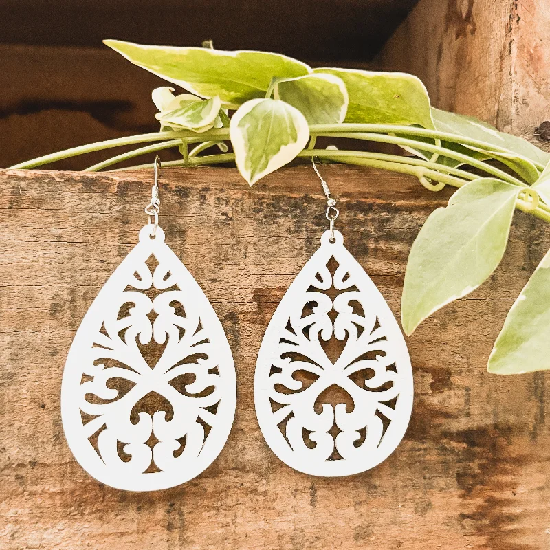 Diamond earrings for women -Beautiful White Wood Laser Cut Drop Earrings