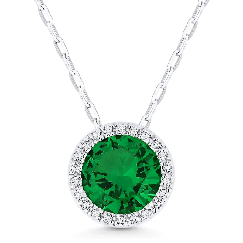 Women’s choker necklaces-14K White Gold Round Created Emerald and Diamond Halo Pendant