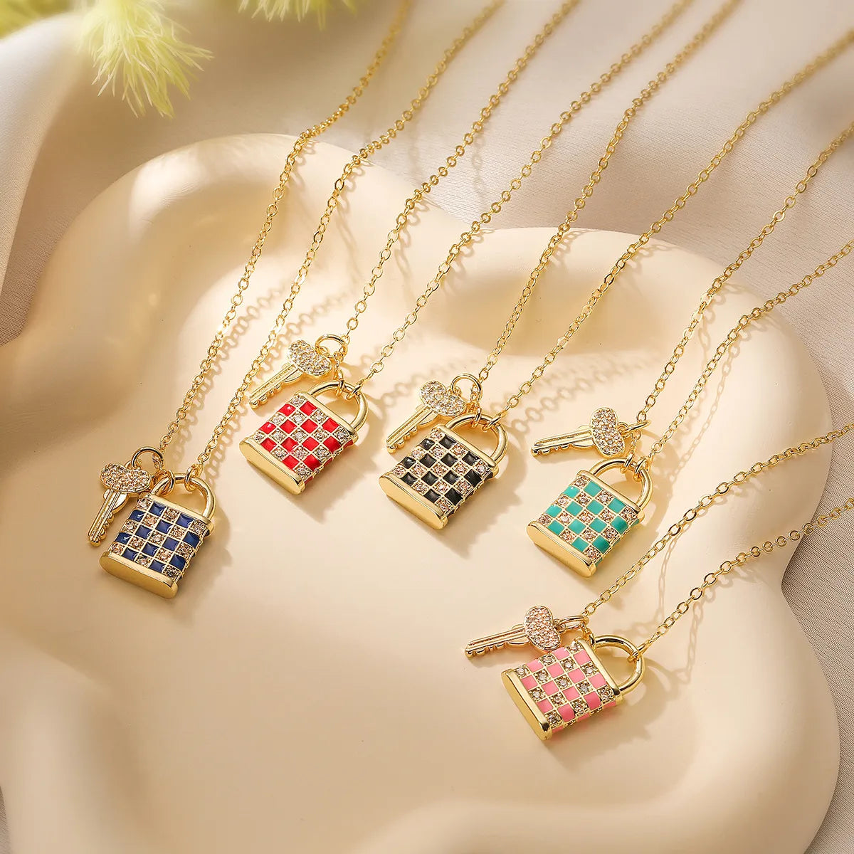 Women’s designer necklaces-Copper Enamel Inlay Checkerboard Key Zircon Pendant Necklace